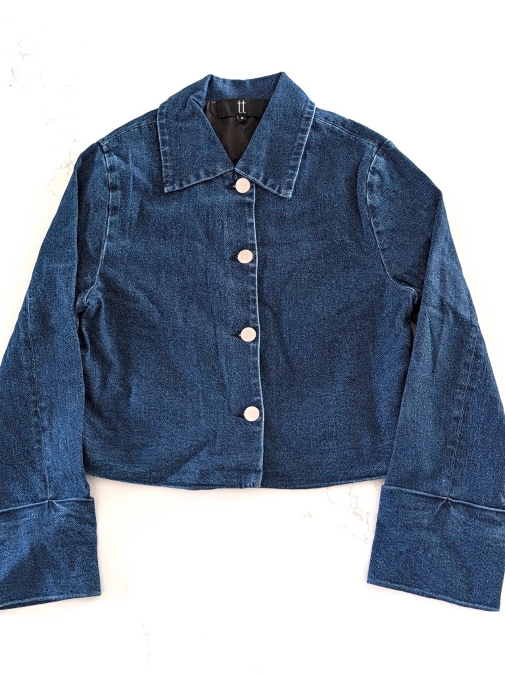 TT Studios Jane Denim Jacket S Beekman St Blue Cropped Oversized Cuffs NYC NWT